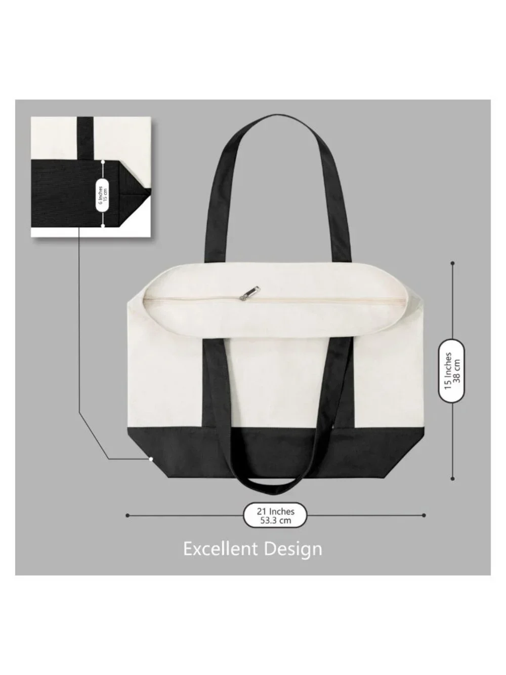 Large Canvas Tote Bag Cotton Zippered Reusable Grocery Shopping Bag